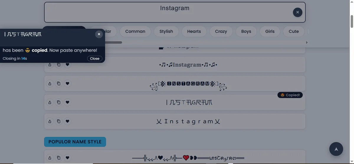 Instagram blue name copy popup confirming the name is copied and ready to paste
