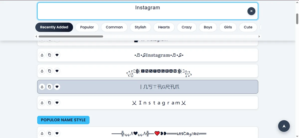 List of Instagram blue name style options with copy, share and favourite buttons