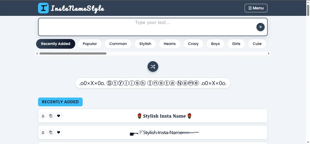 Instagram name style boy love generator with text box, category buttons and stylish name list